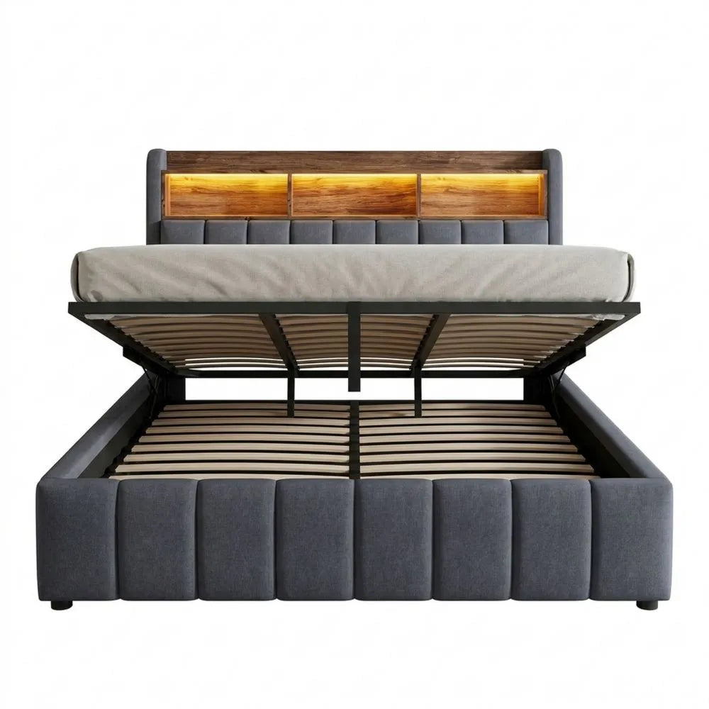 Elegantes 180x200 cm Doppelbett mit Stauraum, LED & USB-Anschluss, Regal und Lattenrost