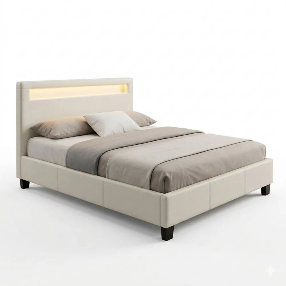 Einzelbett 120x200 cm mit LED-Beleuchtung und Lattenrost, Kunstleder, Weiß