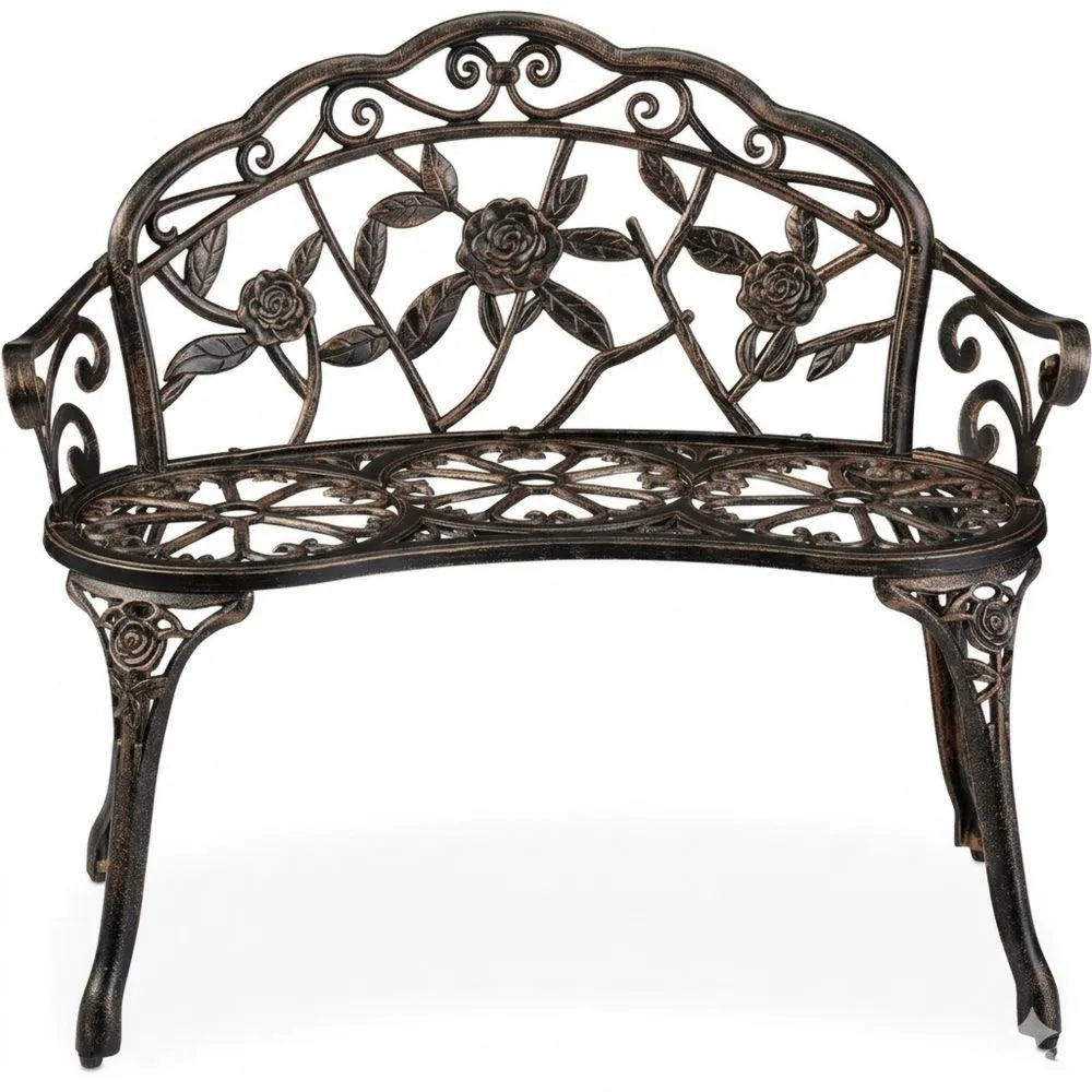 Antike Gartenbank für Terrasse und Balkon, 2-Sitzer, Aluminium & Gusseisen, Bronze, 78x99x52 cm
