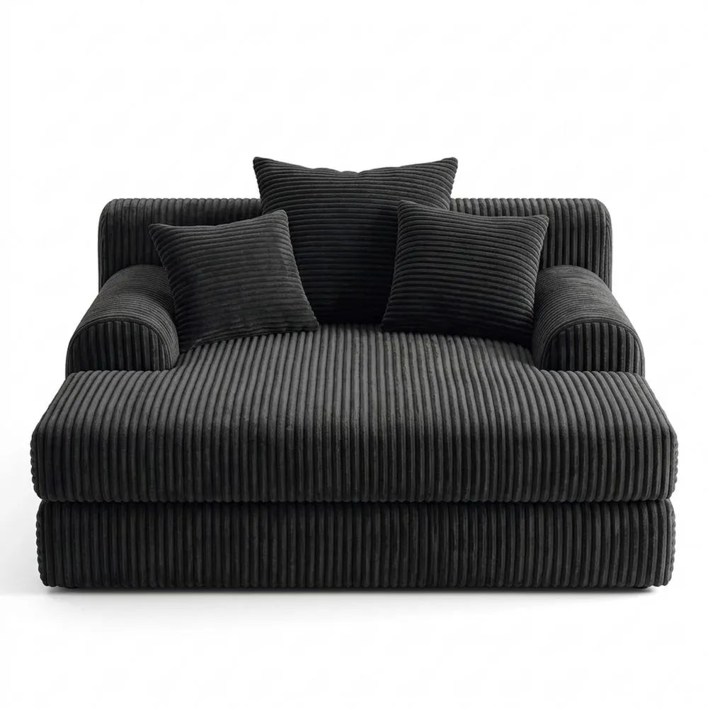 Cord-Bodensofa mit Schlaffunktion und Chaiselongue, Komfortable Sitzlandschaft in Schwarz