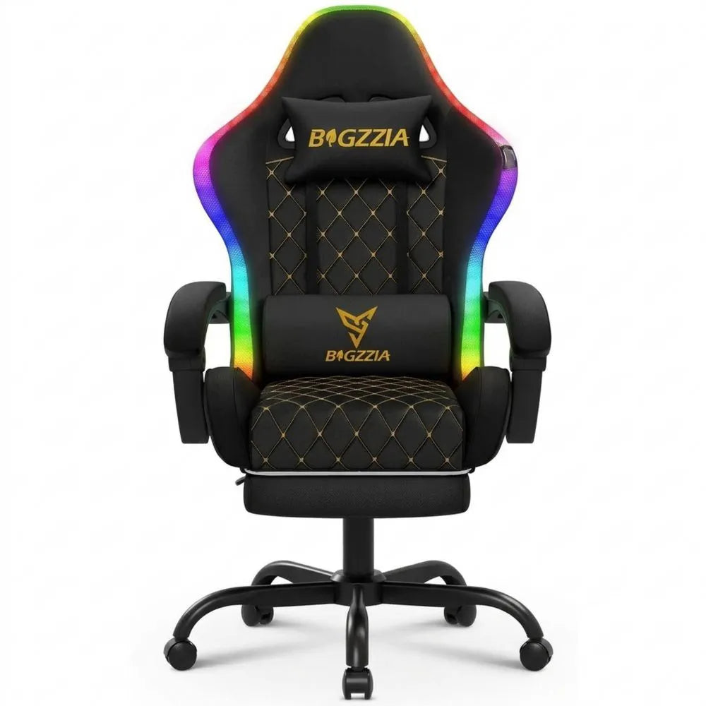 Ergonomischer Gaming-Stuhl mit RGB LED und Bluetooth-Lautsprechern, Verstellbare Rückenlehne und Fußstütze, Schwarz
