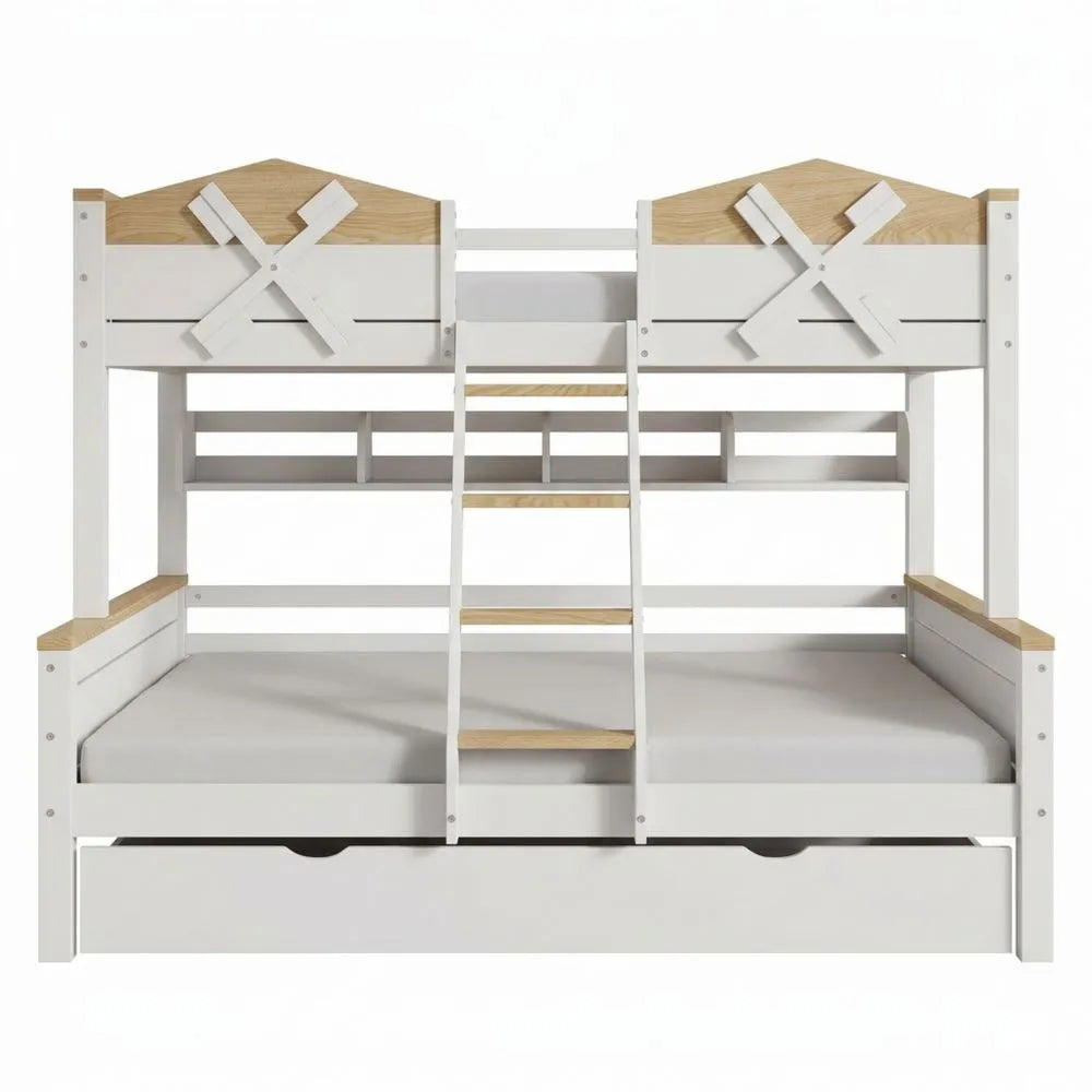 Etagenbett mit Stauraum und Leiter für Kinder, Hochbett Baumhaus-Design aus Holz, 90x200 cm und 140x200 cm, mit Lattenrost und Rausfallschutz, Weiß