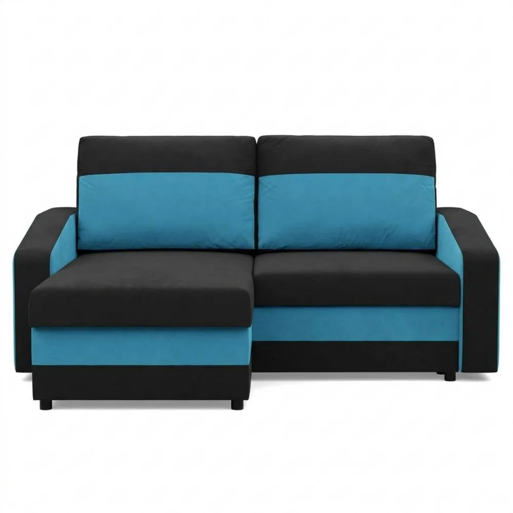Ecksofa mit Schlaffunktion und Bettkasten in Schwarz und Blau