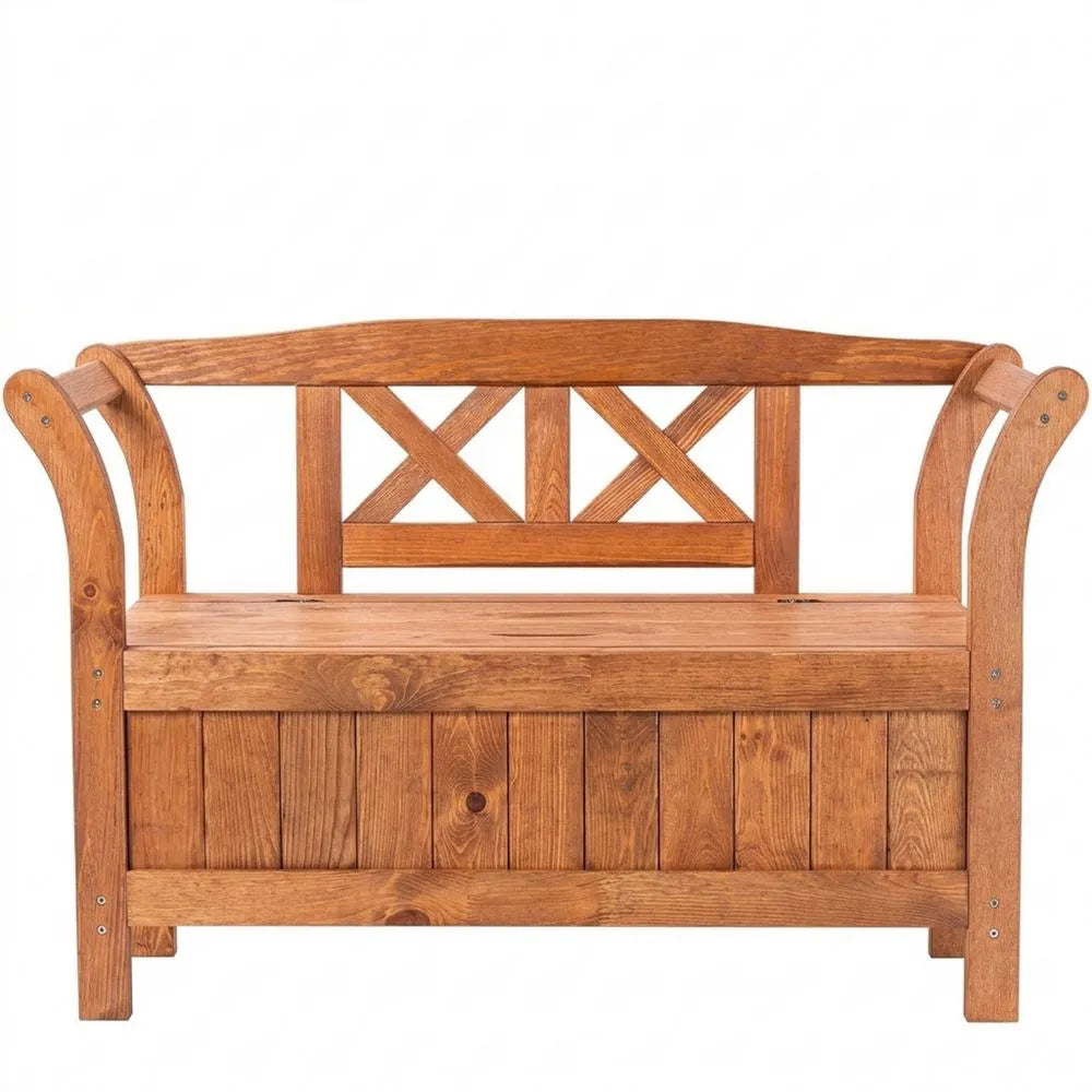 Wetterfeste Gartenbank mit Stauraum und Rückenlehne, 119x43x75cm aus Holzfaserplatte